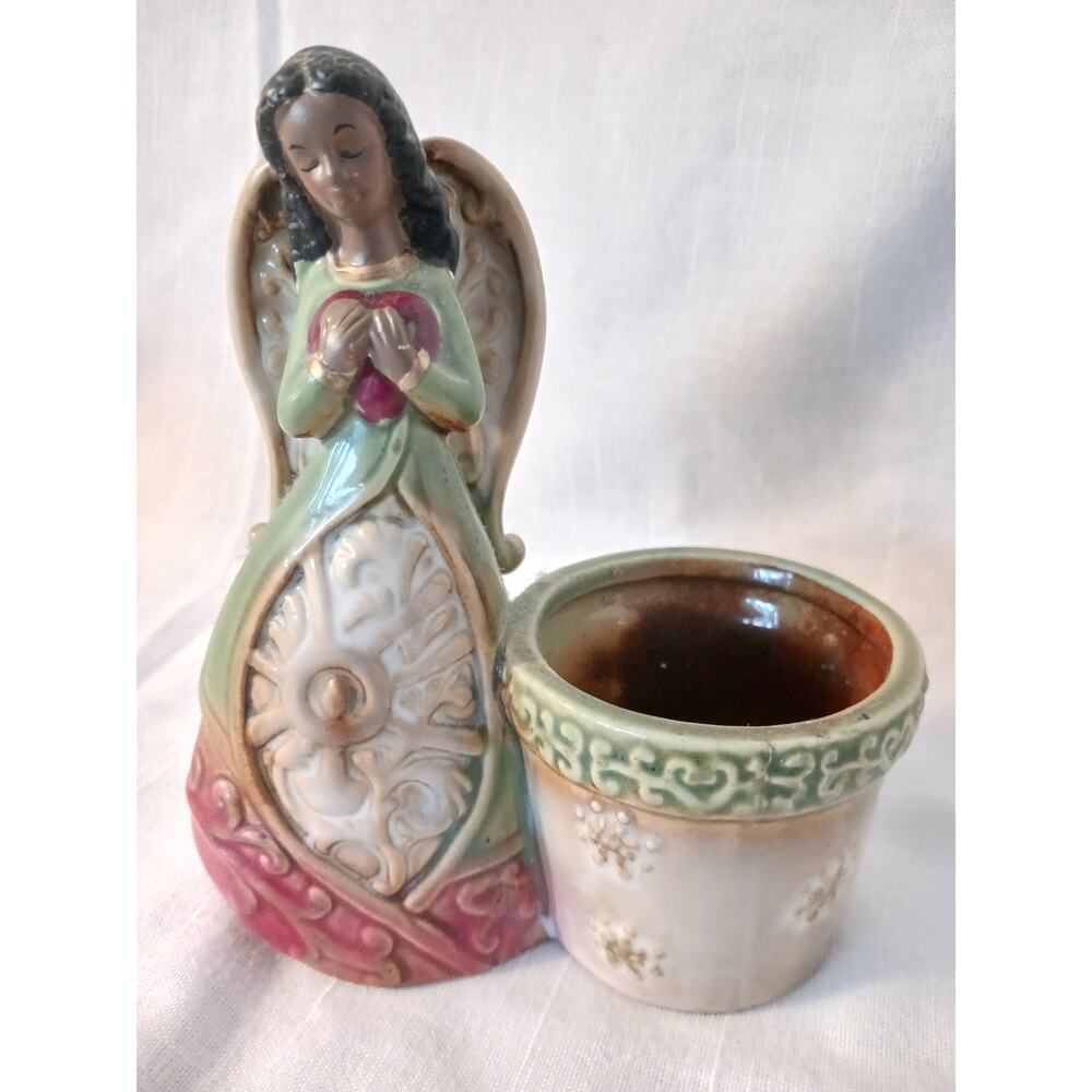 Black Ceramic Angel with red heart small Planter, Holy Water Font, Votive 5.75